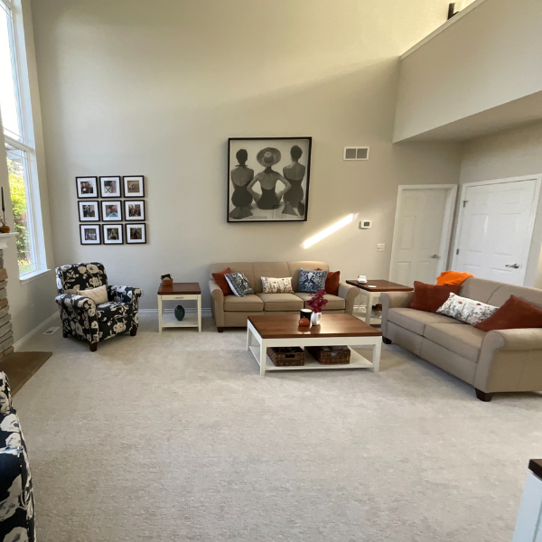 An after picture of a living room redesigned with a transitional design.